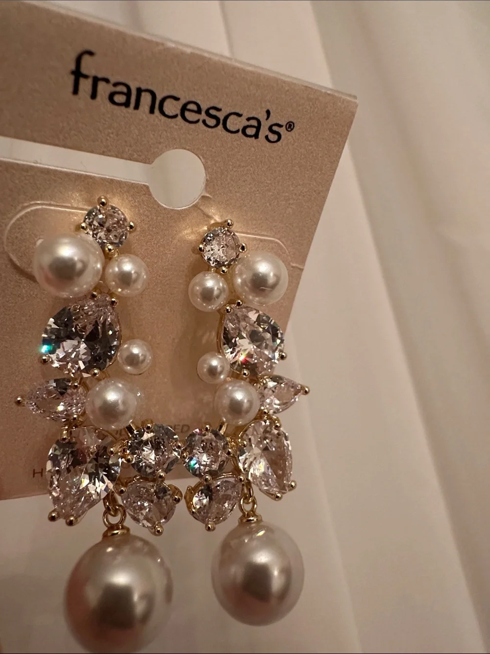 Francesca's Collections Gold-Tone Pearl and Clear Crystal Drop Earrings